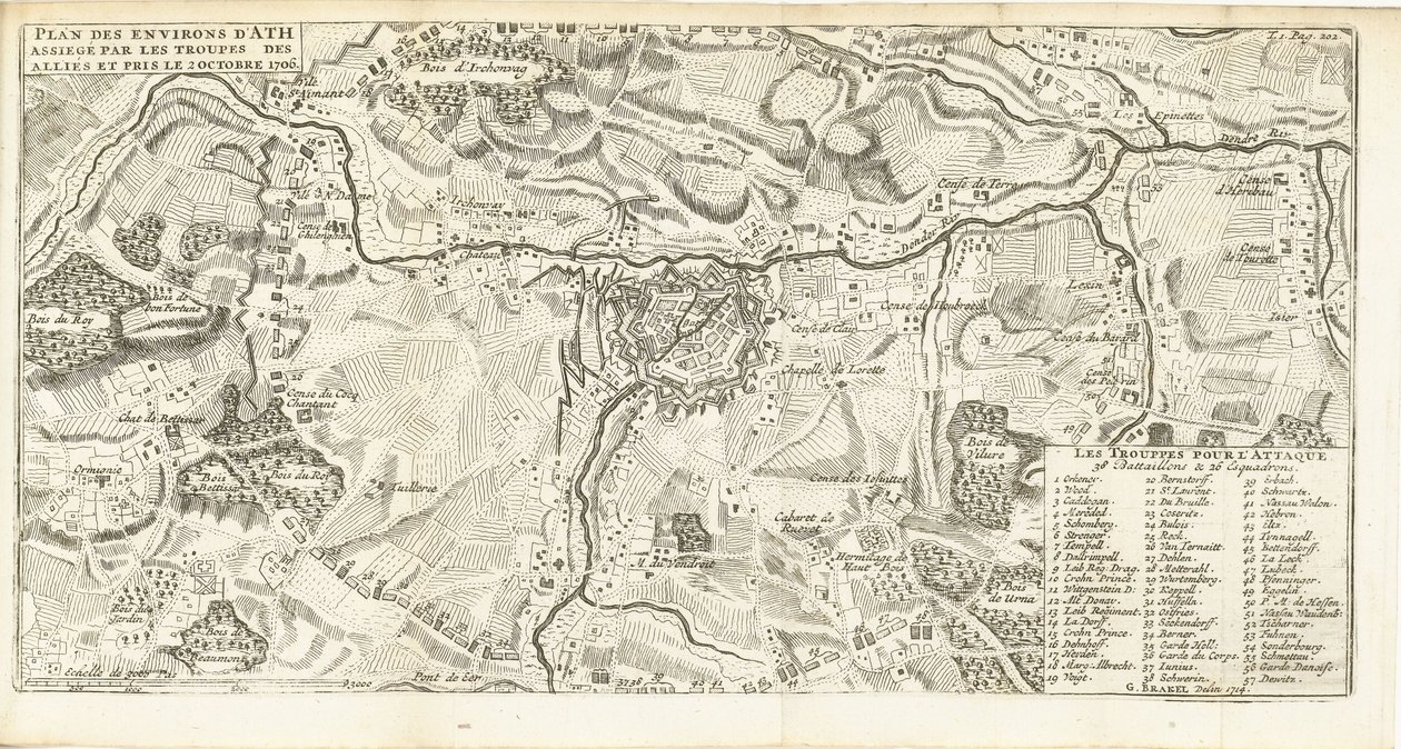 Beleg van Ath, 1706 Plan over omgivelsene til Ath beleiret av troppene til de allierte og tatt 2. oktober 1706 (tittel på objekt) av Matthijs Pool (possibly)