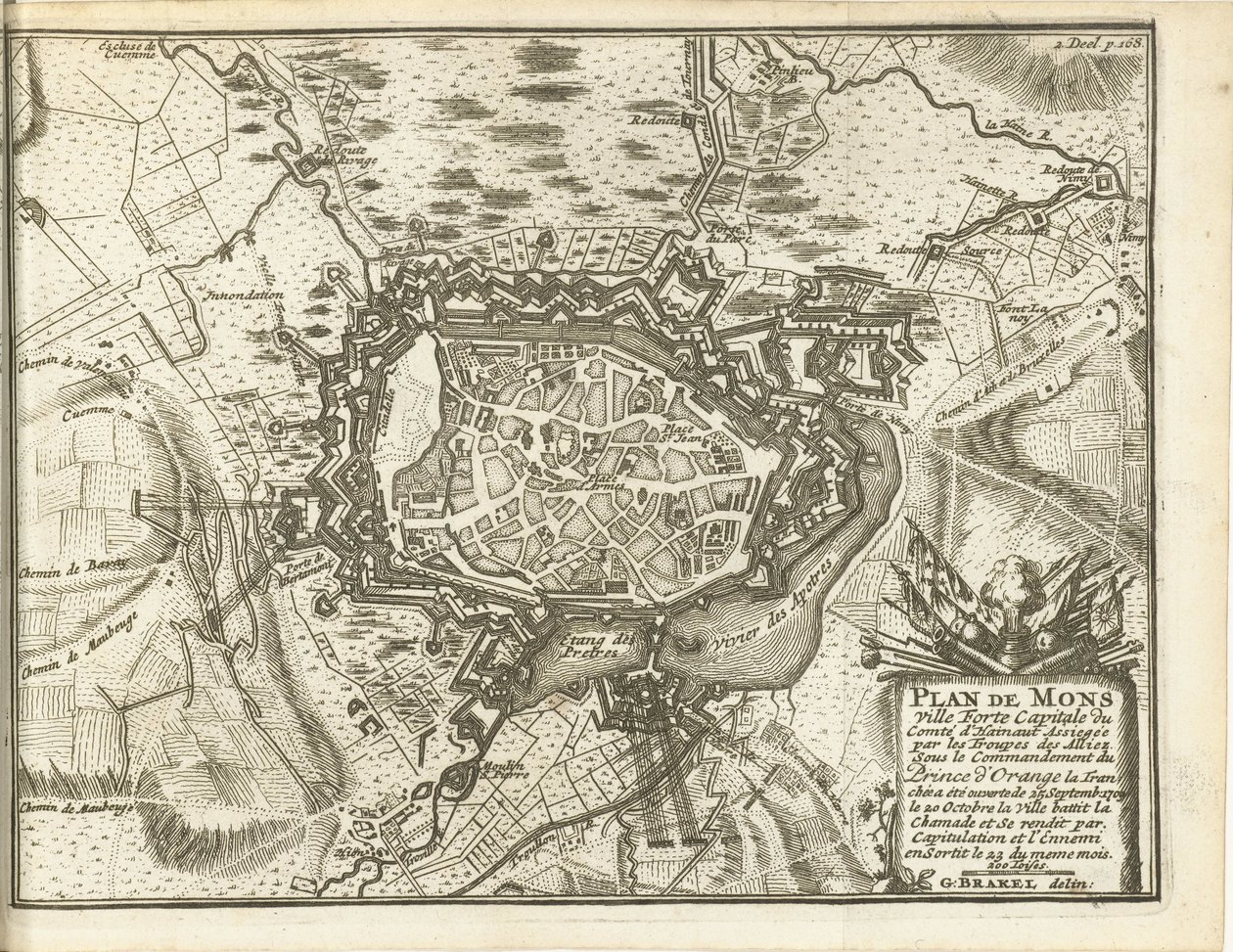 Beleg van Bergen, 1709 Kart over Mons Ville Forte (...) Beleiret av Alliez-tropper. under kommando av Prince of Orange (...) (tittel på objekt) av Matthijs Pool (possibly)