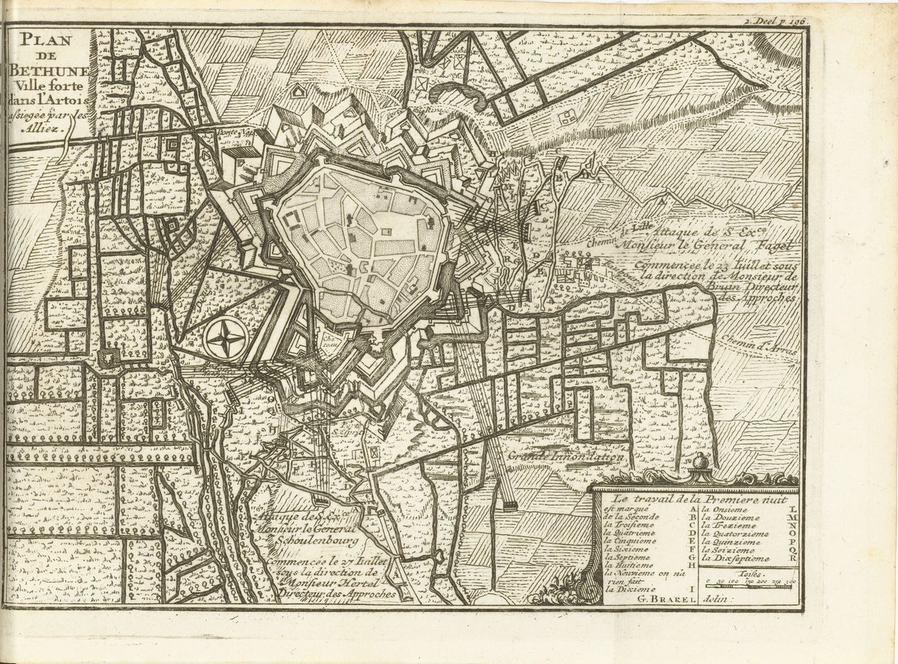 Beleg van Bethune, 1710 Kart over Bethune befestet by i Artois beleiret av de allierte (tittel på objekt) av Matthijs Pool (possibly)