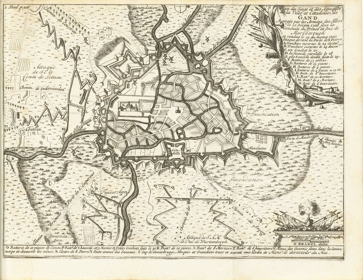 Beleg van Gent, 1708 Kart over beleiringen og angrepene av byen og citadellet i Gent Beleiret av de allierte hærene den 22. desember 1708 under ledelse av prinsen og hertugen av Marlborough (tittel på objektet) av Matthijs Pool (possibly)