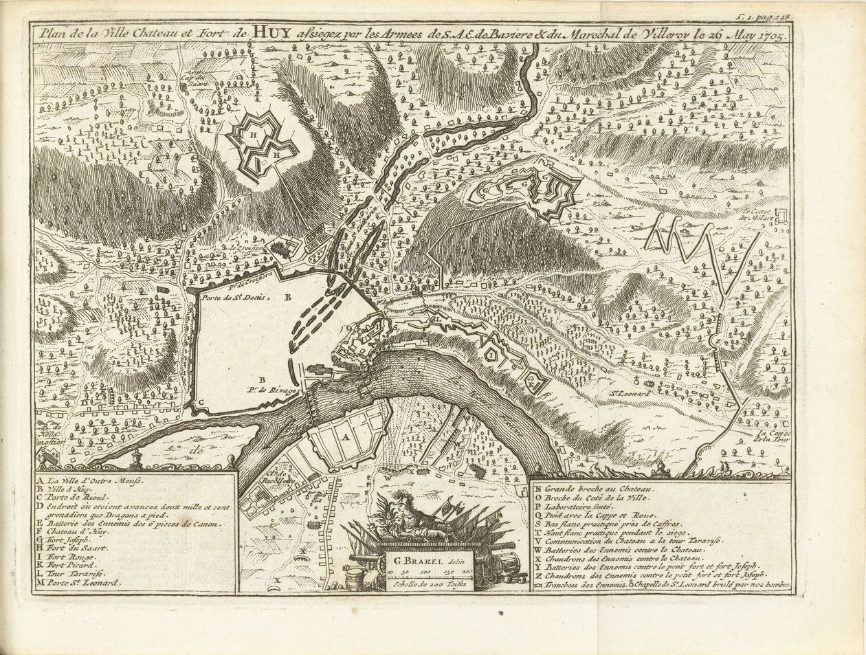 Beleg van Huy, 1705 Plan over byslottet og fortet i Huy beleiret av Armies of S.A.E. de Baviere & du Marechal de Villeroy le 26. mai 1705 (tittel på objekt) av Matthijs Pool (possibly)