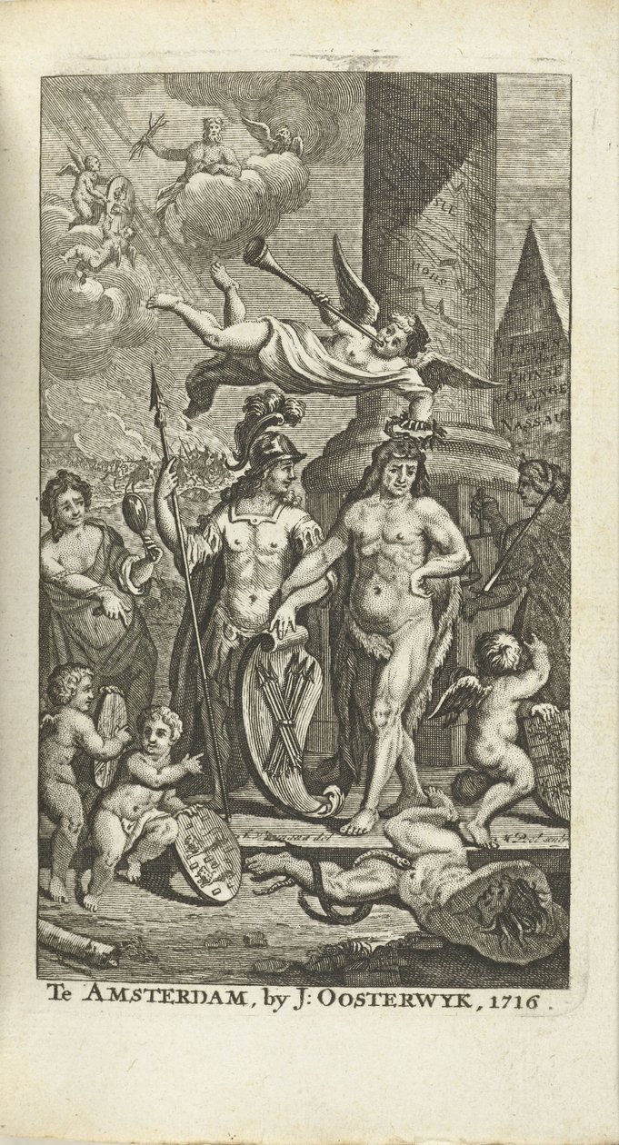 Gravert tittelside for J. Lamigue: The life of Zyne Hoogheit Johan Willem Friso, 1716 av Matthijs Pool
