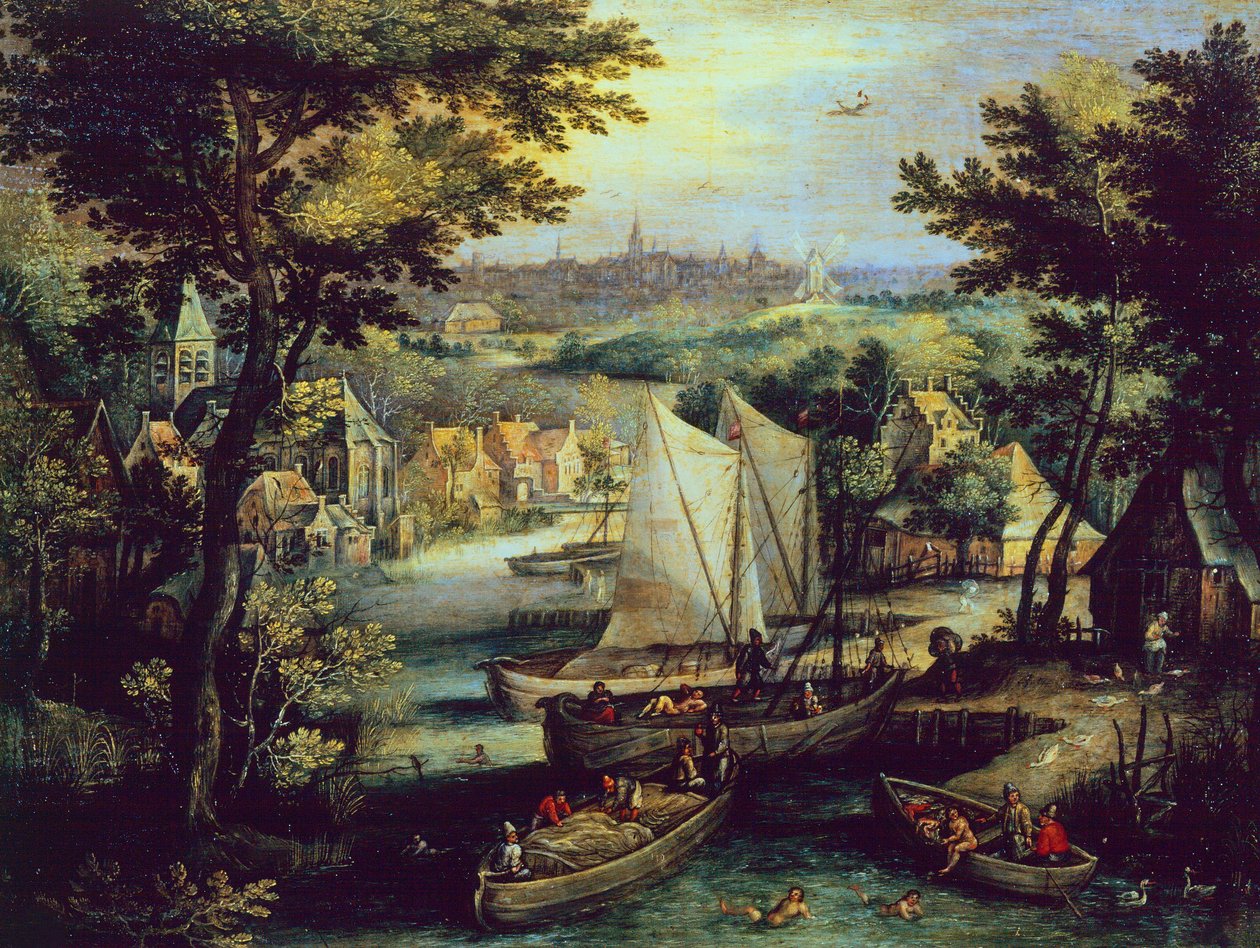 Elvelandskap, av Mathys Bril Younger (1550-1583), olje på kobber av Matthijs the younger Bril