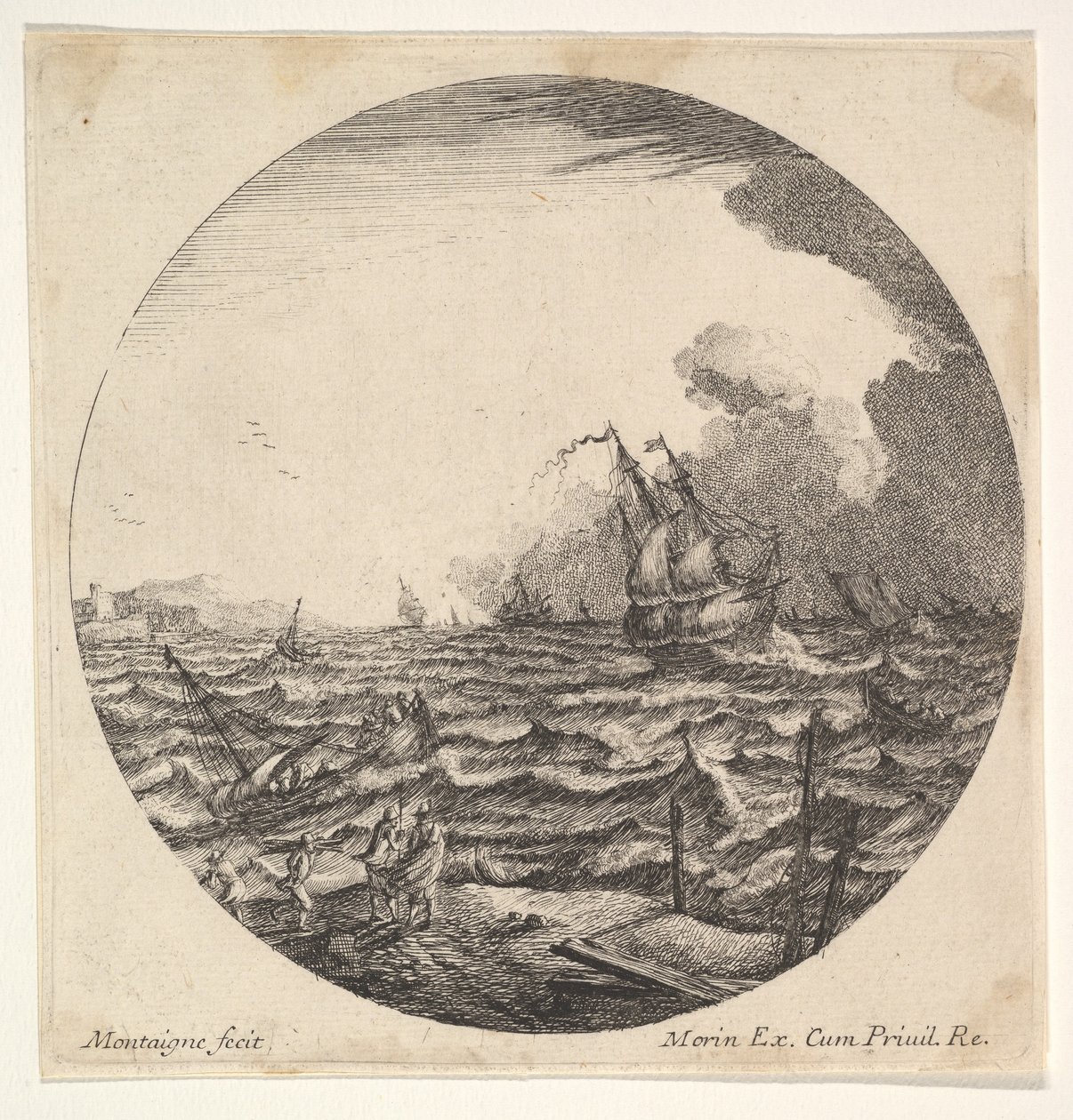 Storm i en rundelkomposisjon, ved venstre bølger kaster et lite skip okkupert av syv..., ca. 1625-60. av Matthijs van Plattenberg