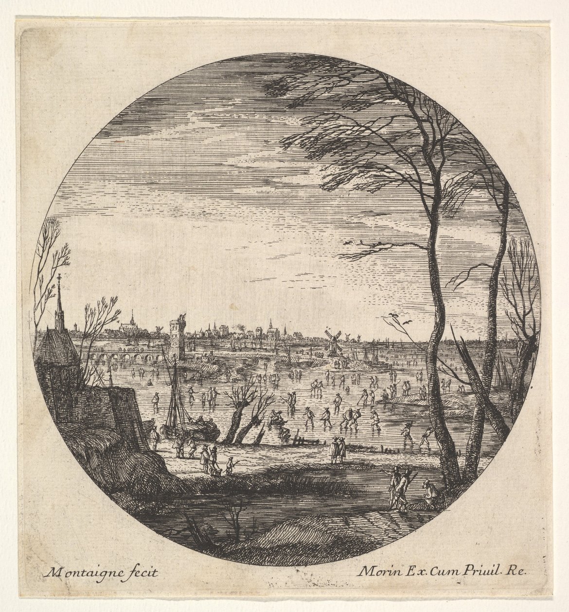 Vinterlandskap med kunstløp på en frossen vannmasse i en rundelkomposisjon..., ca. 1625-60. av Matthijs van Plattenberg