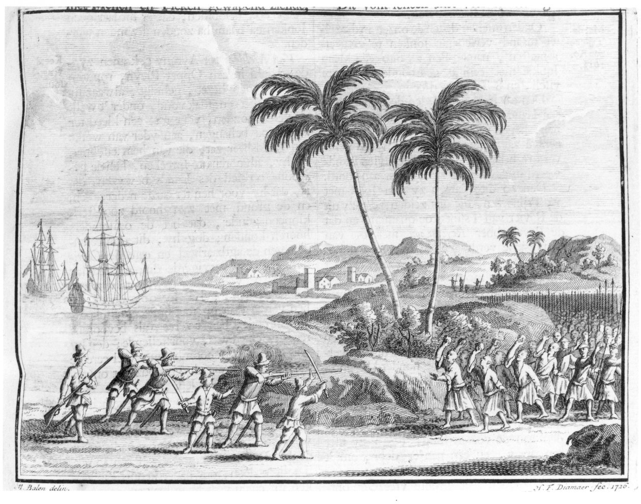 Et nederlandsk landgangsparti blir overfalt i Øst-India, fra 'Oud en Nieuw Oost-Indien 1724-26' av Valentijn, gravert av Diamaer, 1726 av Matthys Balen