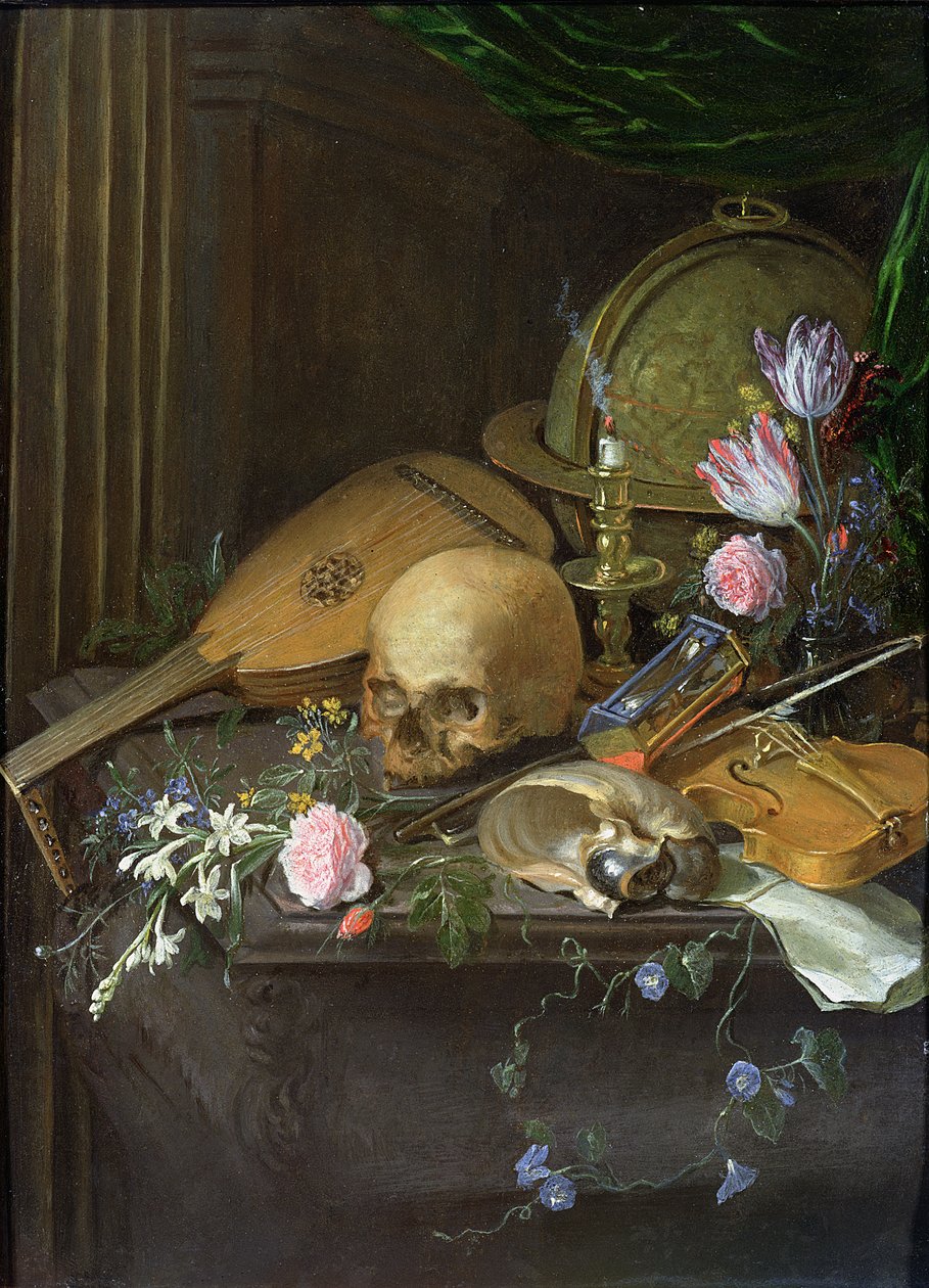 Et Vanitas-stilleben med en Nautilus og en lut av Matthys Naiveu