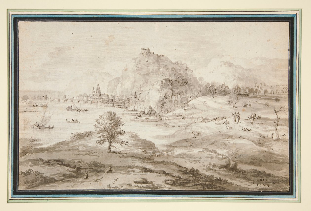 Fjelllandskap med havn og by av Matthys Cock