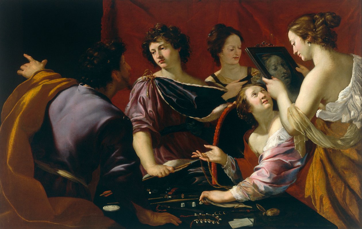 Tasso ved hoffet i Ferrara (eller Allegory of the Five Senses), detalj av synets allegori, ca. 1630-90 av Mattia Preti