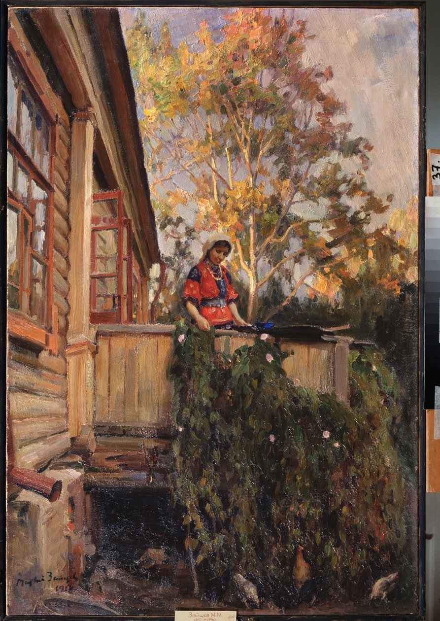 På balkongen - Maleri av Matvei Markovich Zaytsev (1880-1940), olje på lerret av Matvei Markovich Zaytsev