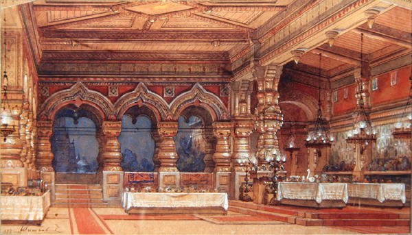 Scenedesign for Vannymfen av Dargomyzhsky, 1888 (penn, pensel, gouache og gull på papp) av Matvey Andreyevich Shishkov