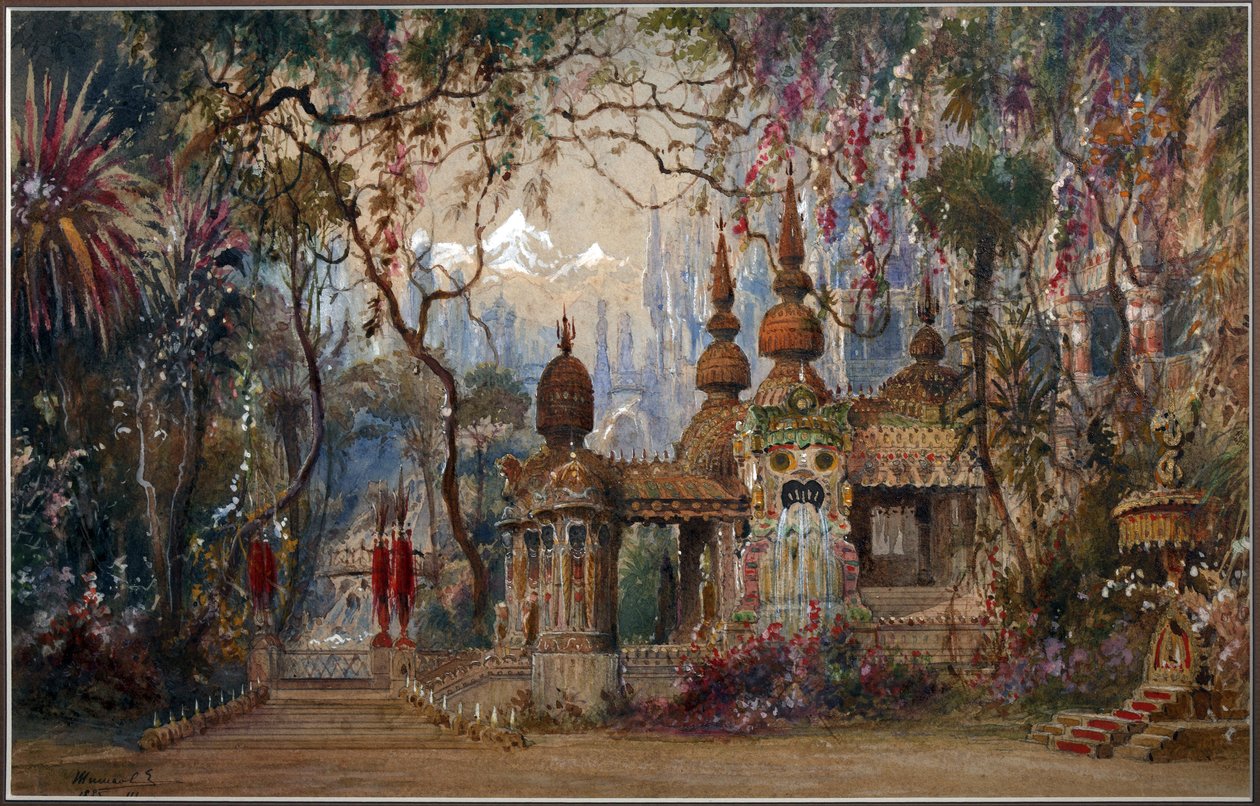 Scenografi for operaen Ruslan og Lyudmila av M. Glinka par Shishkov, Matvei Andreyevich (1832-1897). Penn, pensel, akvarell, blekk og hvit farge på papir av Matvey Andreyevich Shishkov