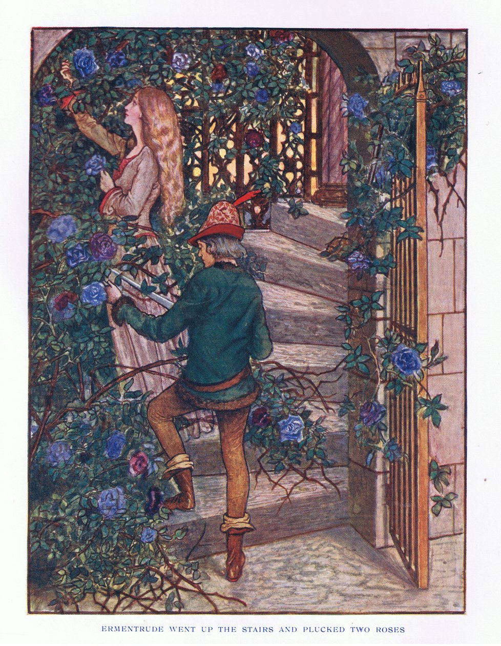 Ermentrude gikk opp trappene og plukket rosene, illustrasjon fra Lady Anns Fairy Tales, 1914 av Maud Tindal Atkinson