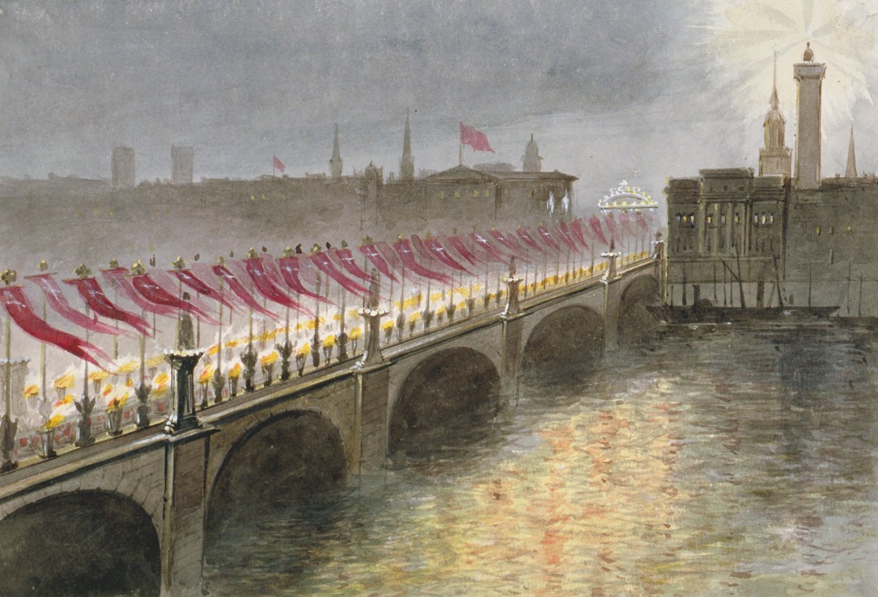 Utsikt over London Bridge natten etter ankomsten til prinsesse Alexandra av Danmark, 1863 av Maul