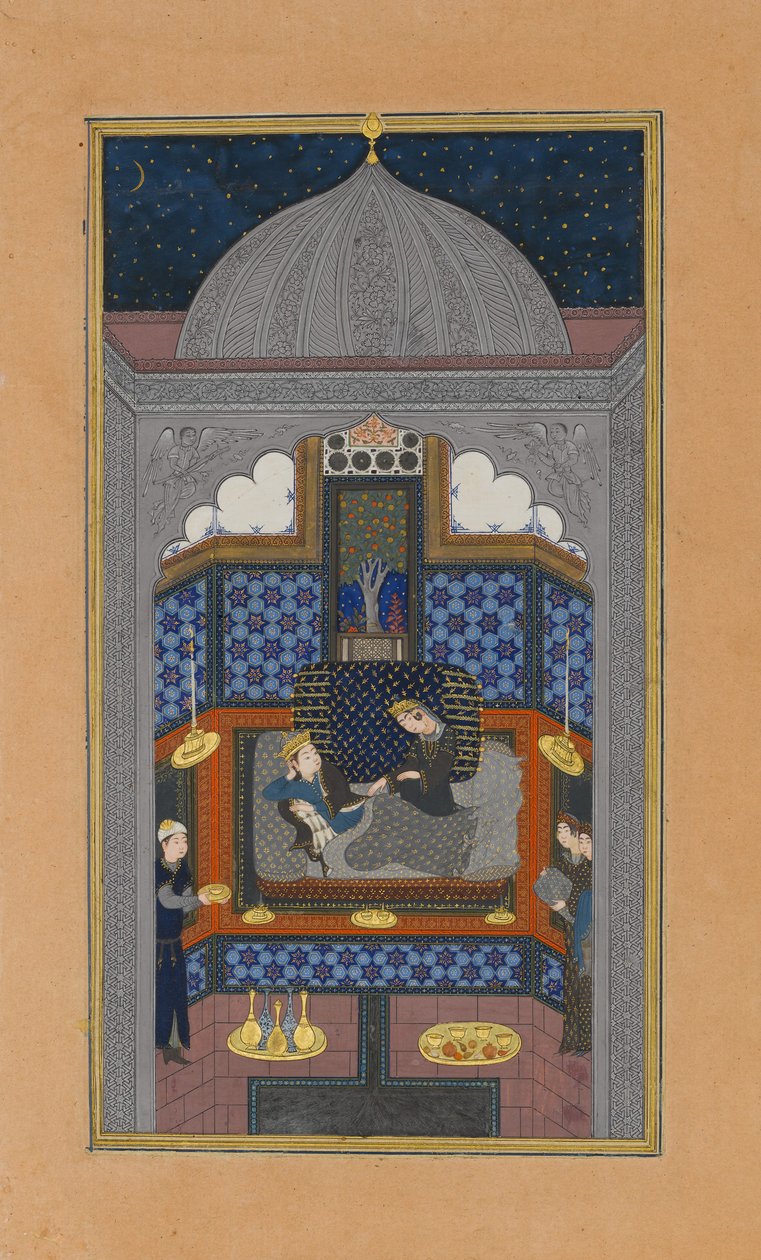 Bahram Gur og den indiske prinsessen i det mørke palasset lørdag, Folio 23v..., ca. 1430. av Maulana Azhar