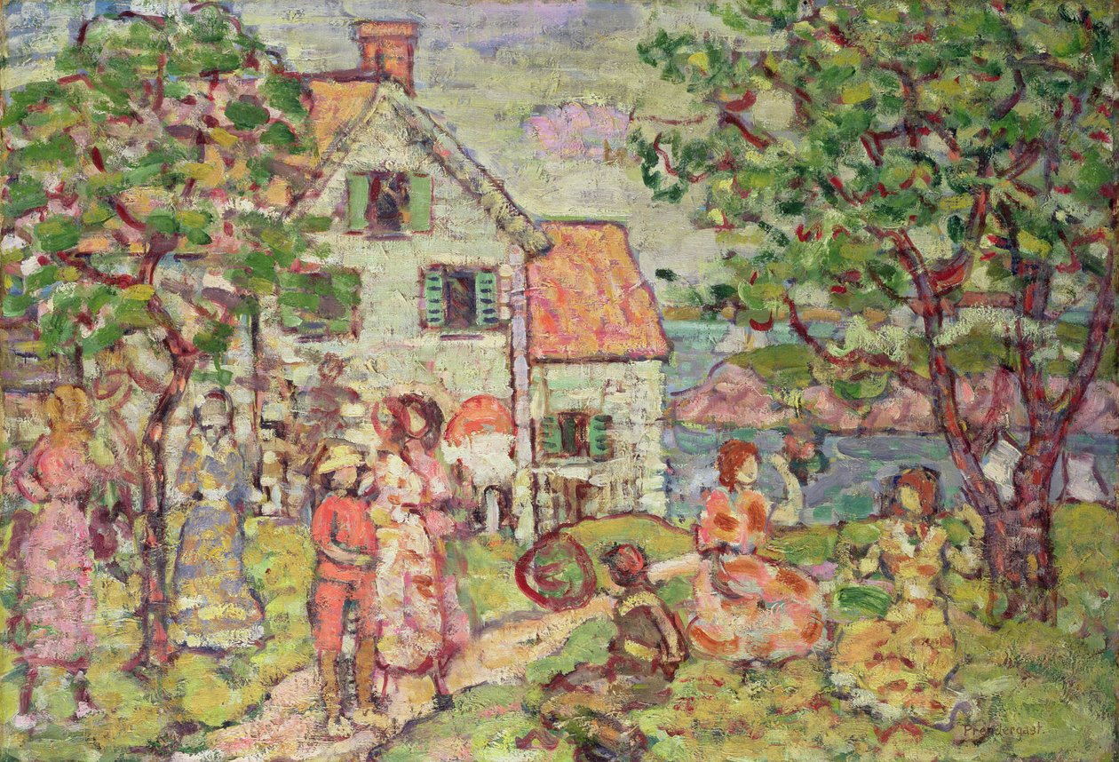 Strand og to hus, 1916-18 av Maurice Brazil Prendergast