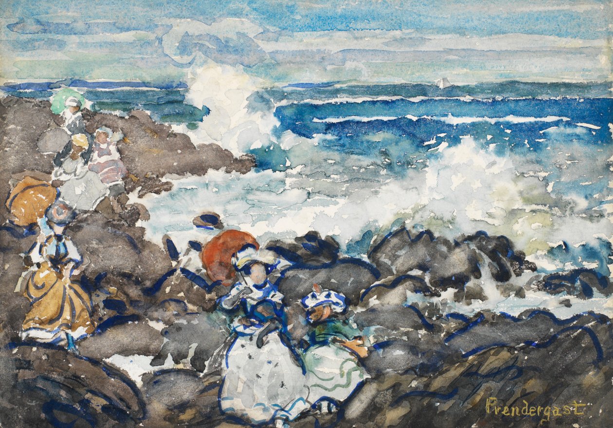 Bergarter og bølger og figurer (wc på papir) av Maurice Brazil Prendergast