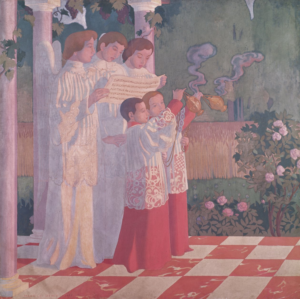 Opphøyelse av Det hellige kors og forherligelsen av messen, venstre side av sentralpanelet til en altertavle fra Chapelle du College Sainte-Croix du Vesinet, 1899 av Maurice Denis