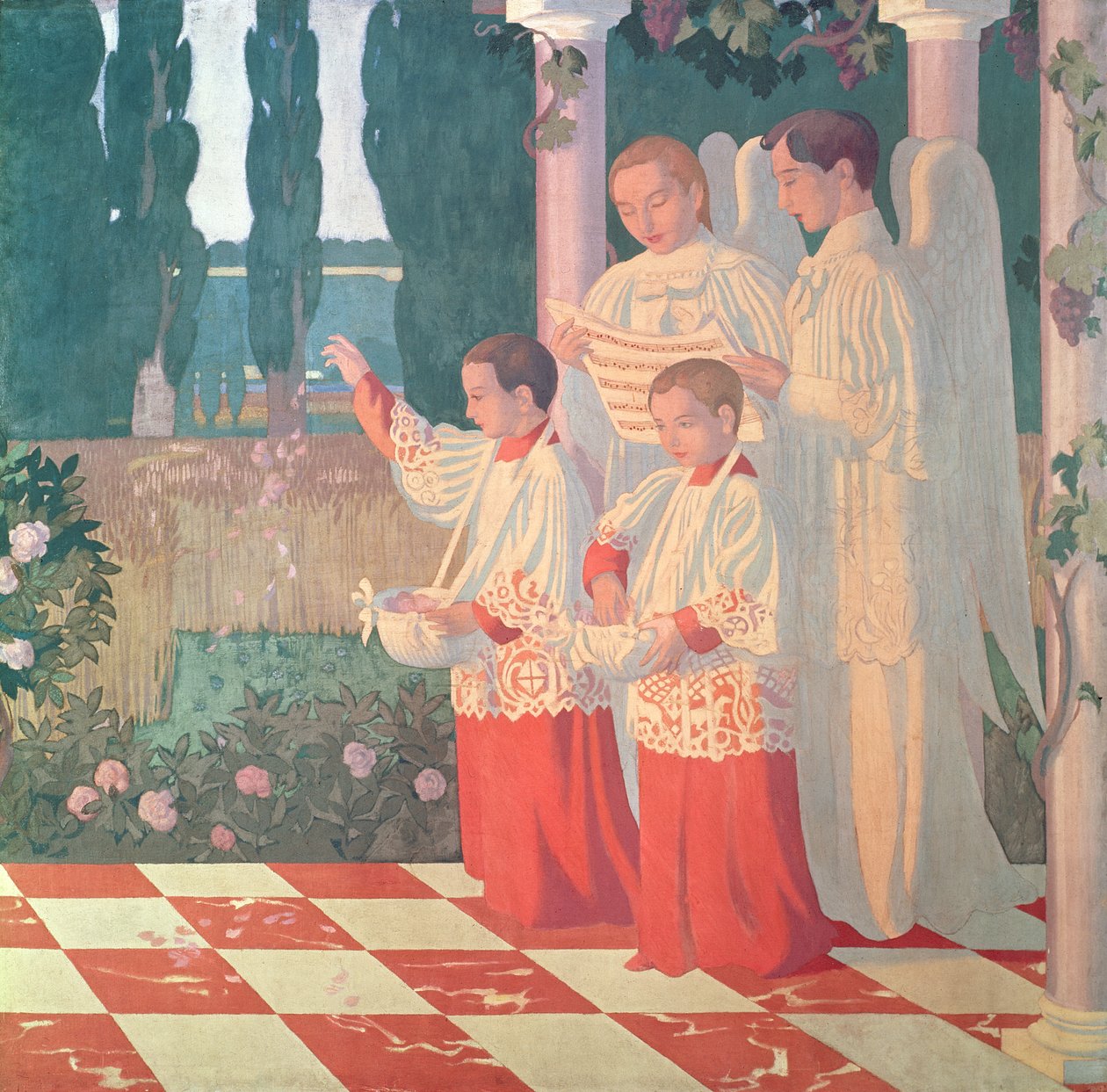 Opphøyelse av Det hellige kors og forherligelsen av messen, høyre side av sentralpanelet til en altertavle fra Chapelle du College Sainte-Croix du Vesinet, 1899 av Maurice Denis