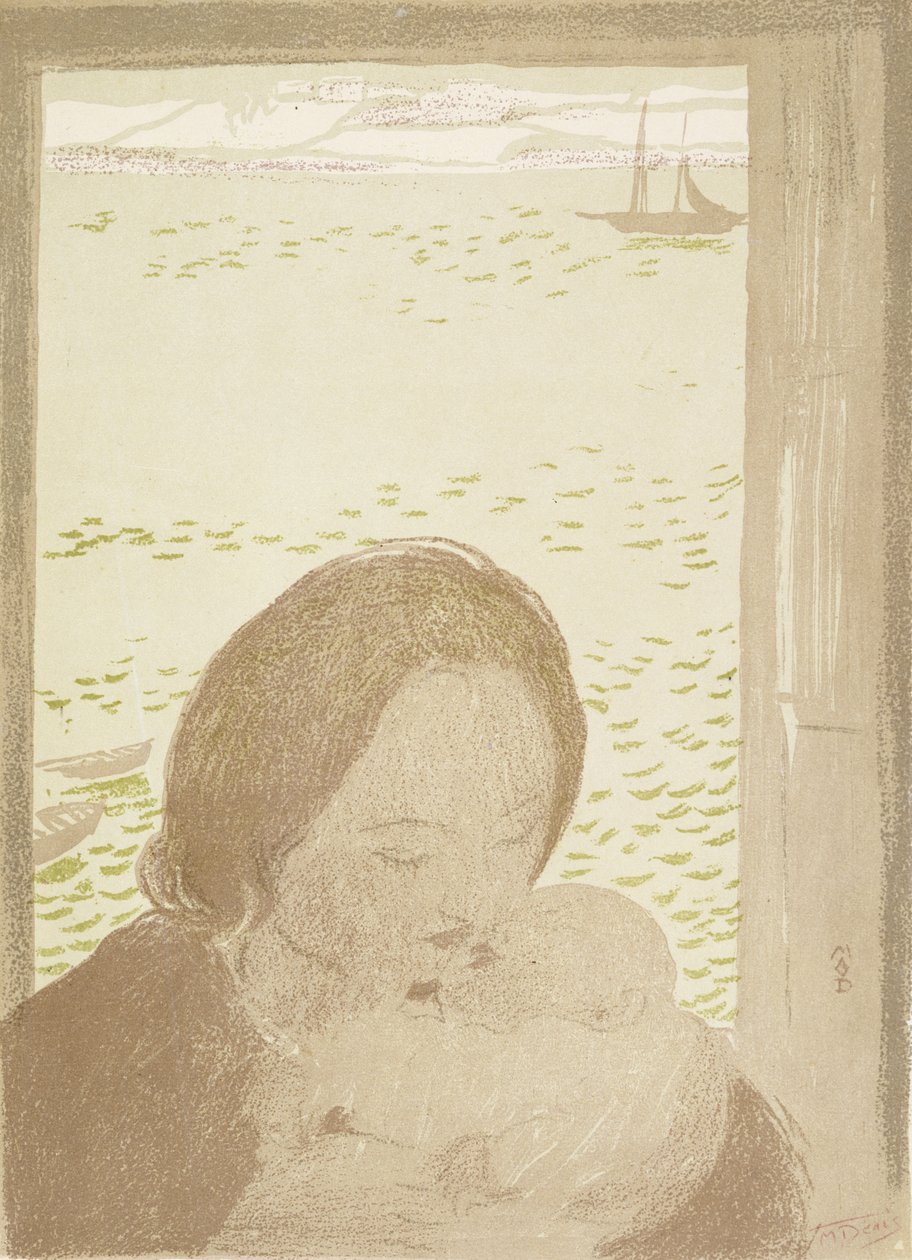Mor og barn ved havet ved Pouldu, 1900 (fargelitho på vevd papir) av Maurice Denis