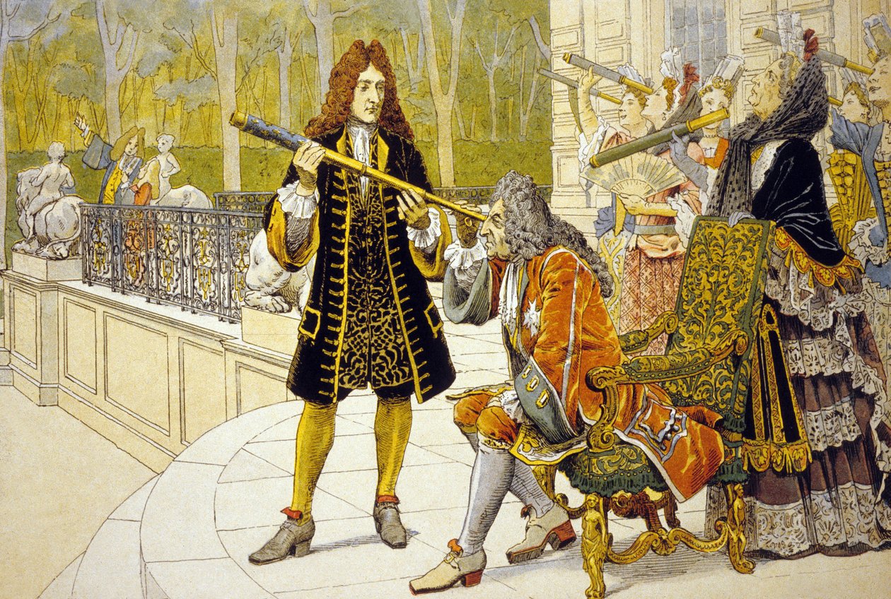 Louis XIV og Jacques Cassini farge litho av Maurice Leloir