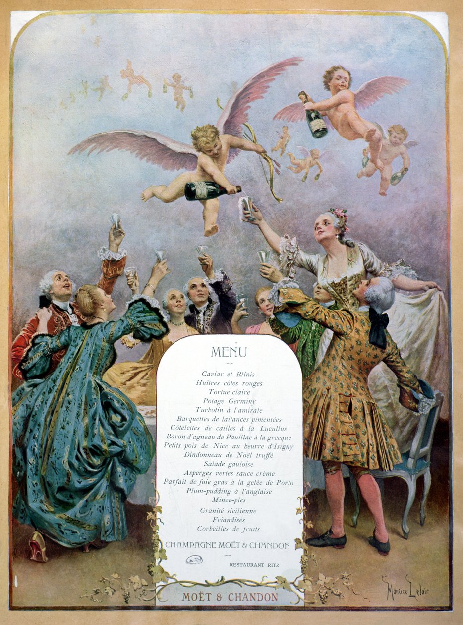 Ritz Restaurant-meny, som viser en gruppe elegante menn og kvinner fra 1700-tallet som drikker champagne servert av kjeruber, 1910 av Maurice Leloir