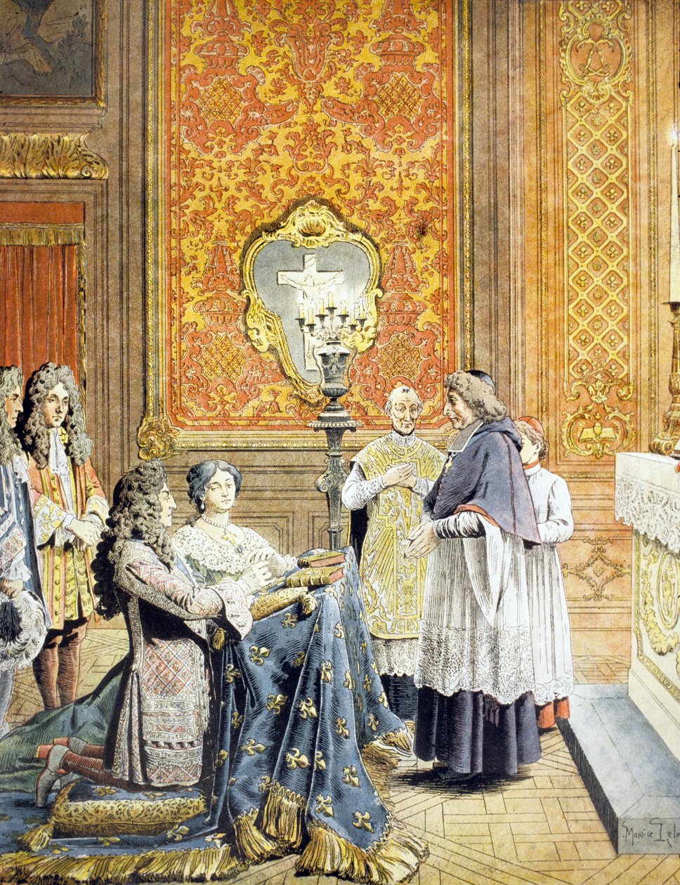Hemmelig bryllup mellom kong Louis XIV og Francoise dAubigne, Mme de Maintenon, 9.–10. oktober 1683, av erkebiskop av Paris Francois Harlay de Champvallon og Pere Lachaise, i nærvær av Monseigneur av Maurice Leloir