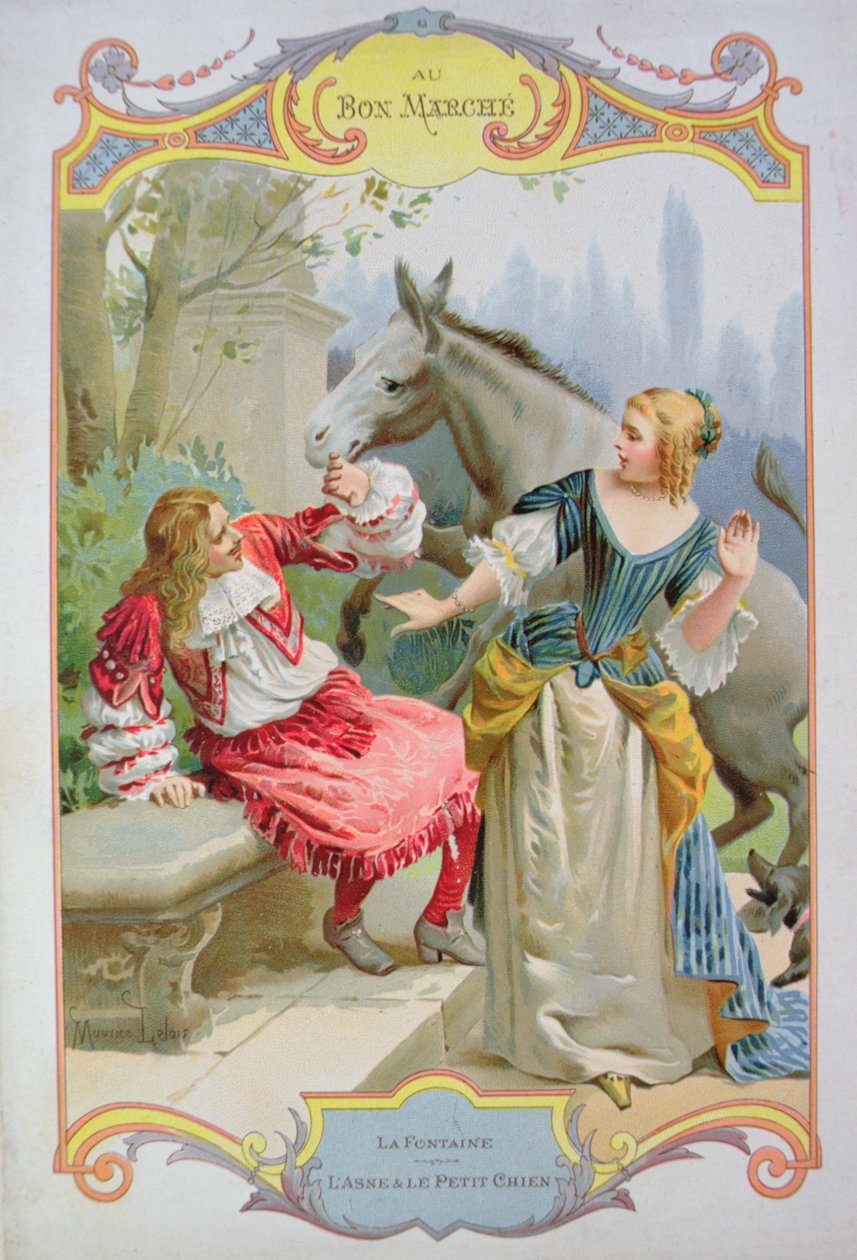 The Donkey and the Little Dog, fra Fables av Jean de La Fontaine (1621-95), reklame for varehuset Au Bon Marche av Maurice Leloir