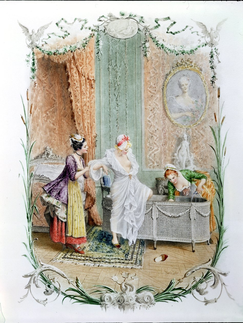 The Morning Bath, illustrasjon av elegant parisisk liv i andre halvdel av 1700-tallet, ca. 1890 av Maurice Leloir