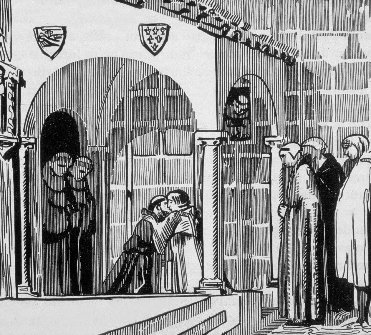 Fransk kong Saint Louis (Louis IX 1214-1270) som pilegrim på besøk til Saint Frere Gilles i Perugia, gravert av Jacques Beltrand etter tegning av Maurice Denis av Maurice (after) Denis