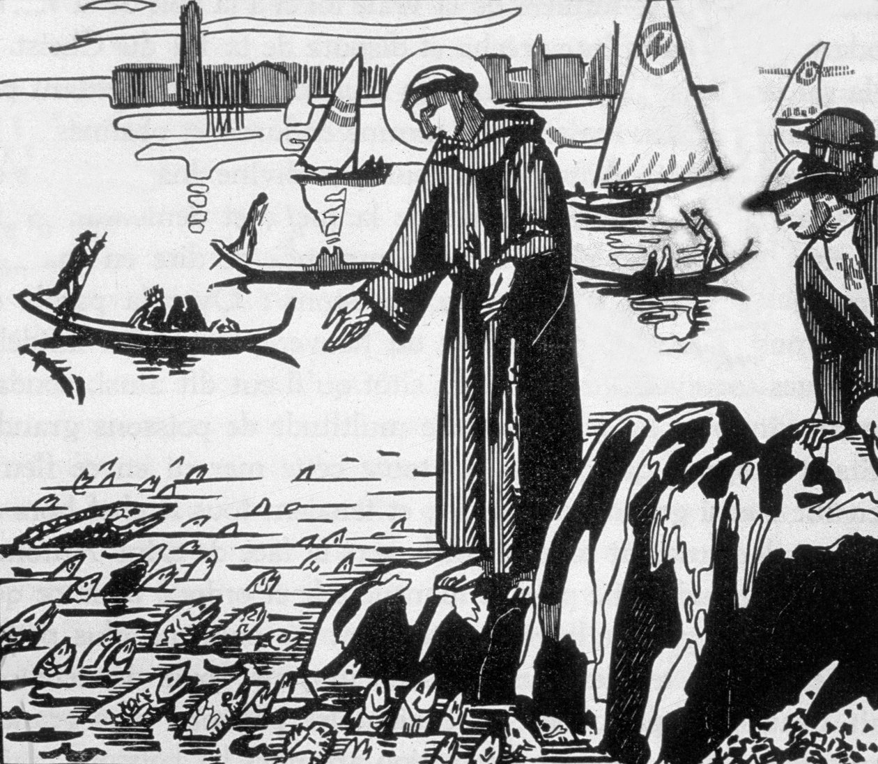 Den hellige Frans av Assisi forkynner for fiskene i Rimini, gravert av Jacques Beltrand etter tegning av Maurice Denis av Maurice (after) Denis