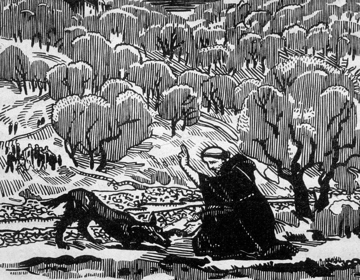omvendelse av den hellige Frans av Assisi av ulven fra Agubbio, gravert av Jacques Beltrand etter tegning av Maurice Denis av Maurice (after) Denis