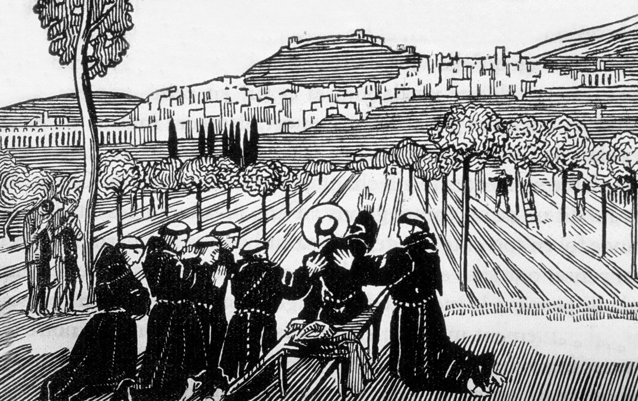 død av St Francis av Assisi som velsigner byen Assisi, gravert av Jacques Beltrand etter tegning av Maurice Denis av Maurice (after) Denis