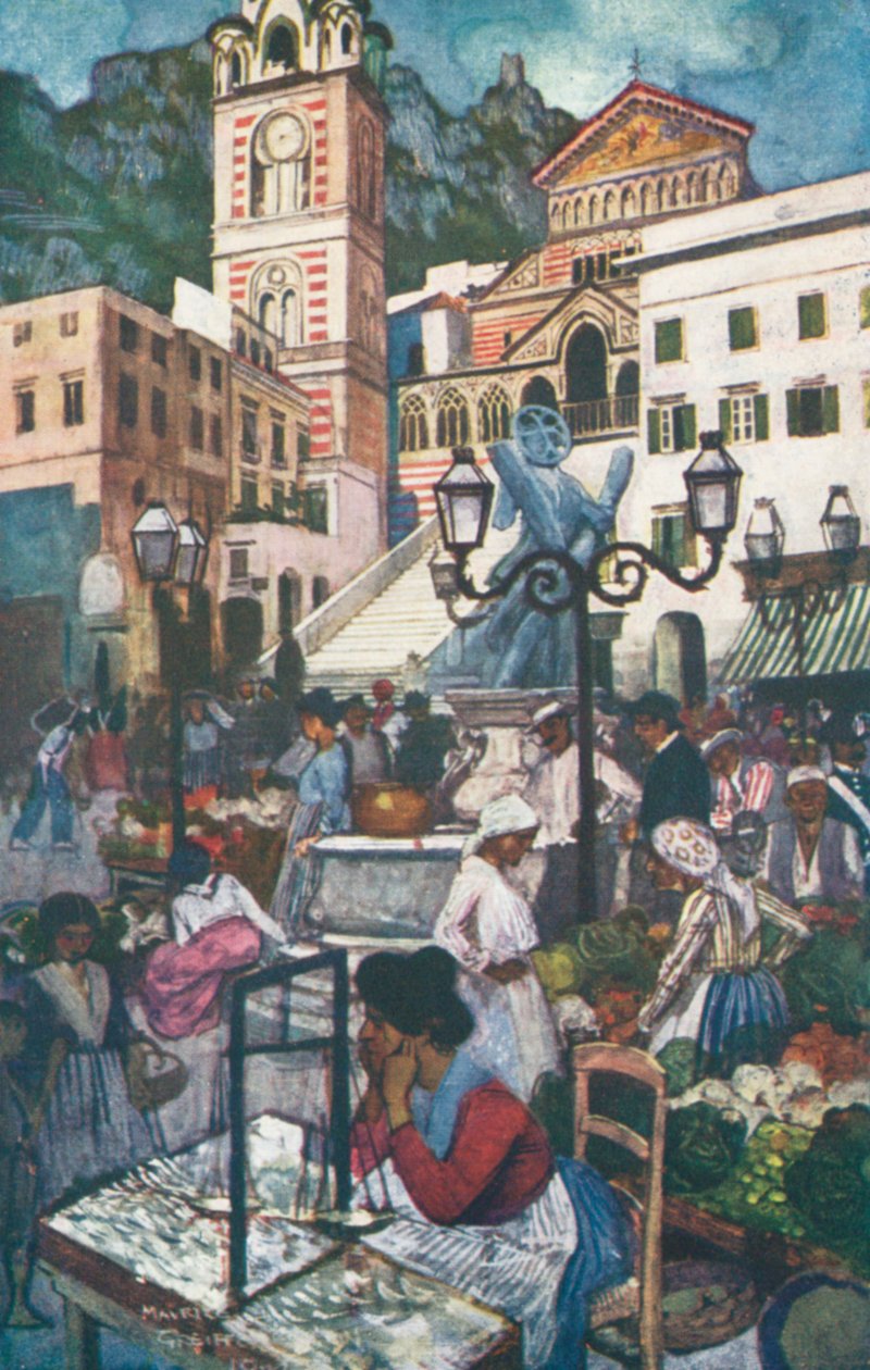 Amalfi, Piazza og Duomo (fargelitografi) av Maurice (after) Greiffenhagen