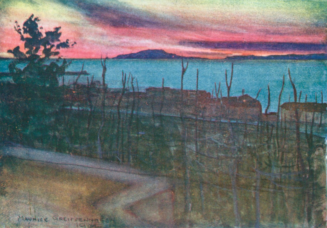 Ischia fra Castellamare, solnedgang (farge litho) av Maurice (after) Greiffenhagen