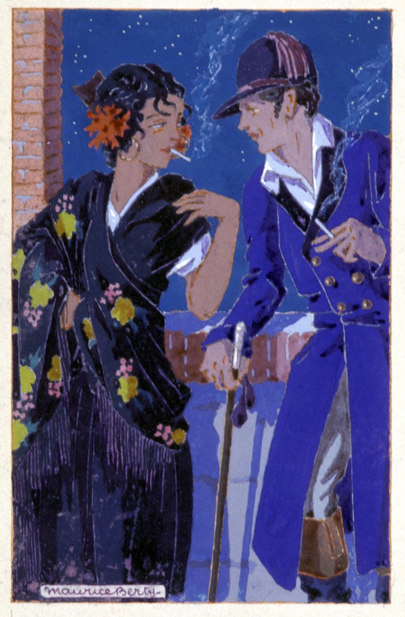 Don Jose og Carmen røyker, ca. 1930 (illustrasjon) av Maurice Berty