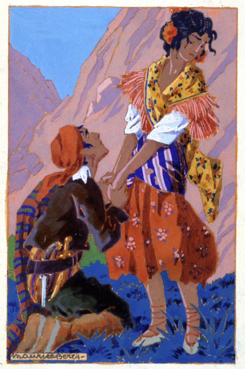 Møte mellom Don Jose og Carmen, ca. 1930 (illustrasjon) av Maurice Berty