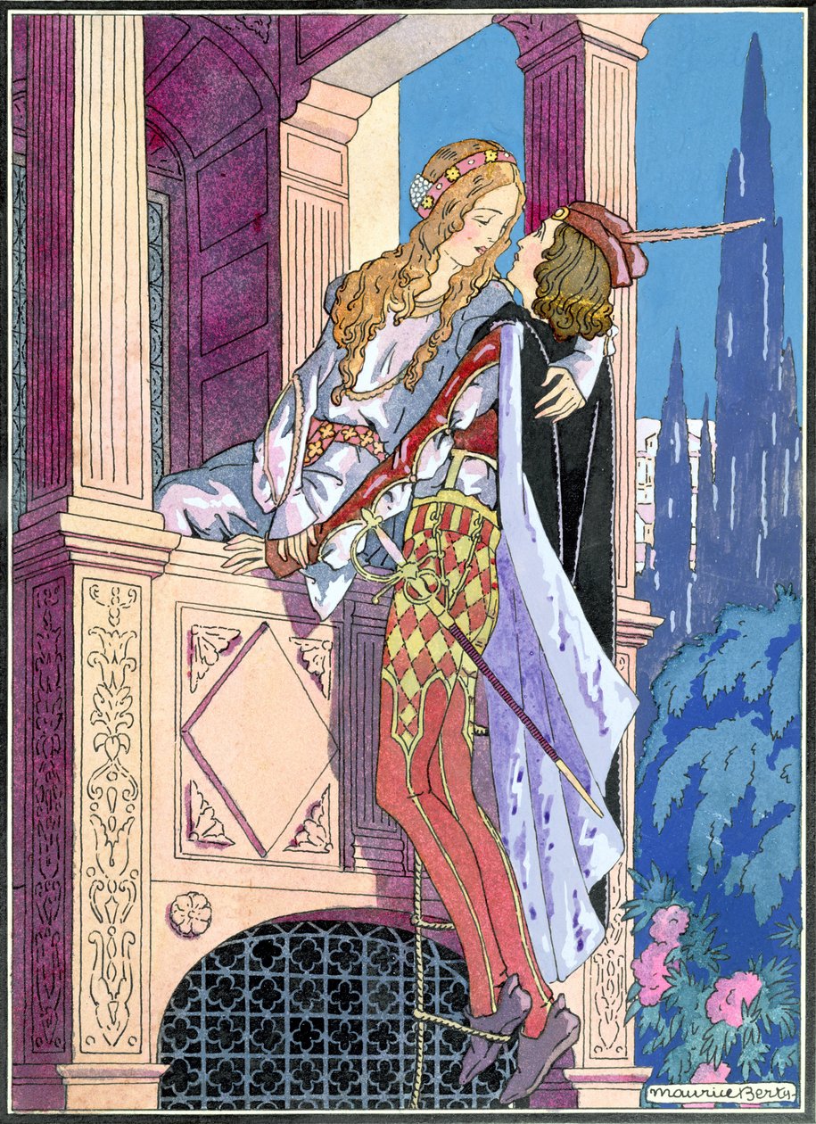 Romeo og Julie i balkongscenen, ca. 1920 (farge litho) av Maurice Berty