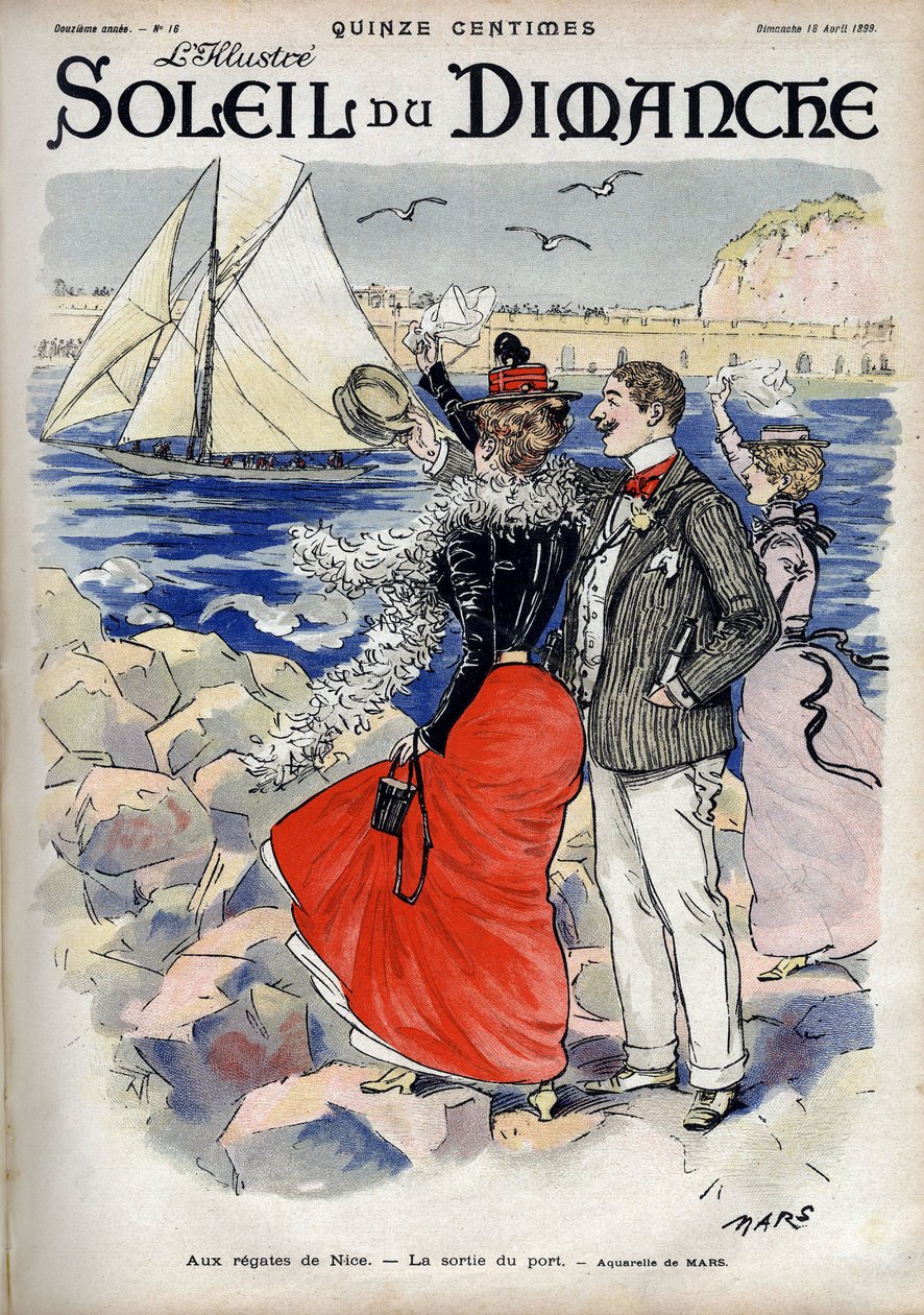 Ved regaten til Nice, avkjørselen fra havnen. Fra en Mars-akvarell. Gravering i “” Le sun-du-dimanche””, 18. april av Maurice Charles Mathieu Bonvoisin