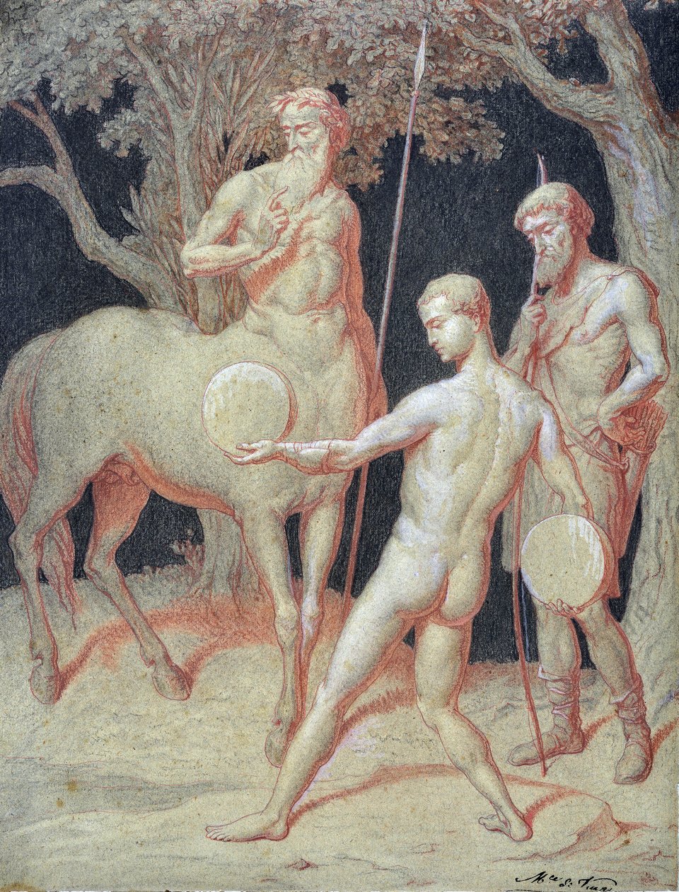 Utdanning av Hercules av Centaur Chiron (tegning) av Maurice De Vaines