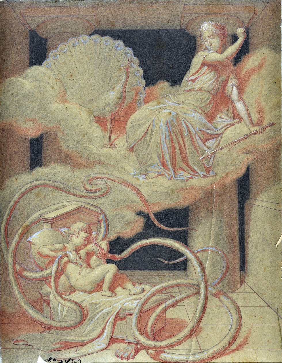 Herkules-barn dreper slangene sendt av Hera for å drepe ham i vuggen hans (tegning) av Maurice De Vaines