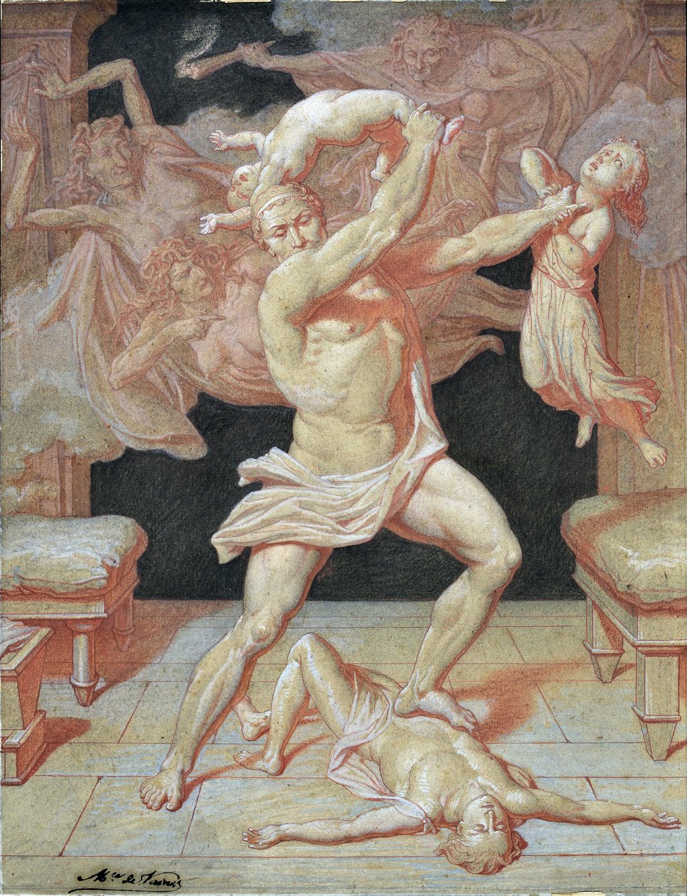 Herkules gjort gal av Hera massakre hans barn (tegning) av Maurice De Vaines