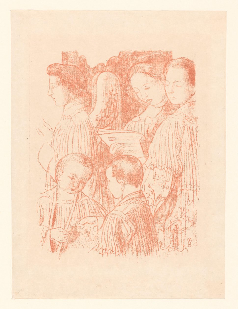 Tre syngende engler og to korgutter under den hellige messe Fragment d'une décoration d'église av Maurice Denis