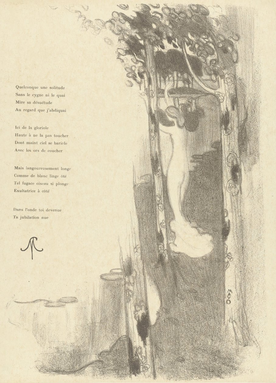 Illustrasjon med en naken kvinne som står mellom trærne ved en innsjø med diktet Petit Air av Stéphane Mallarmé Illustrasjon for sonetten Petit Air de Stéphane Mallarmé L