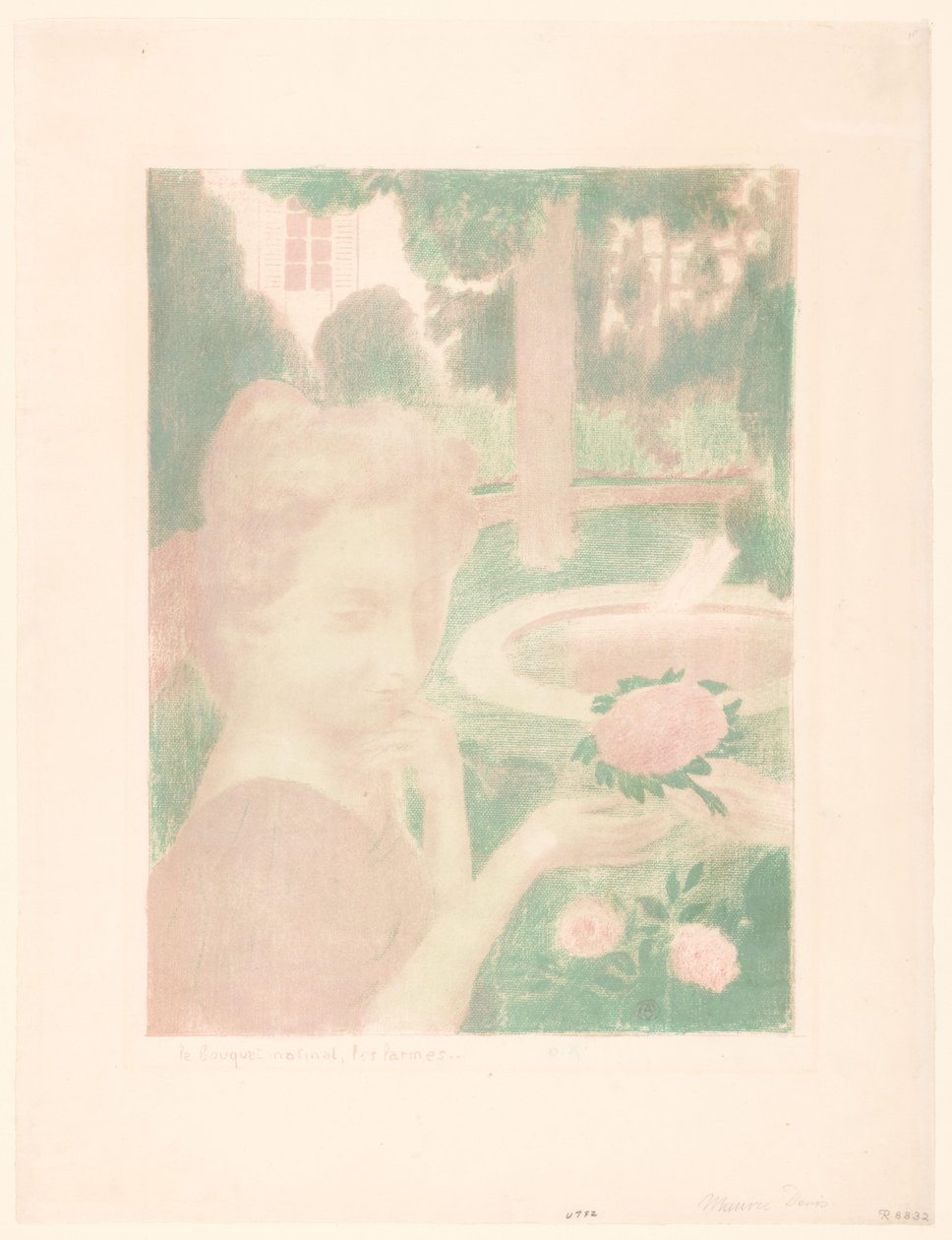 Ung kvinne mottar blomsterbukett i en hage Le bouquet matinal, les larmes... (tittel på objekt) Representasjoner av kjærlighet (serietittel) Amour (serietittel) av Maurice Denis