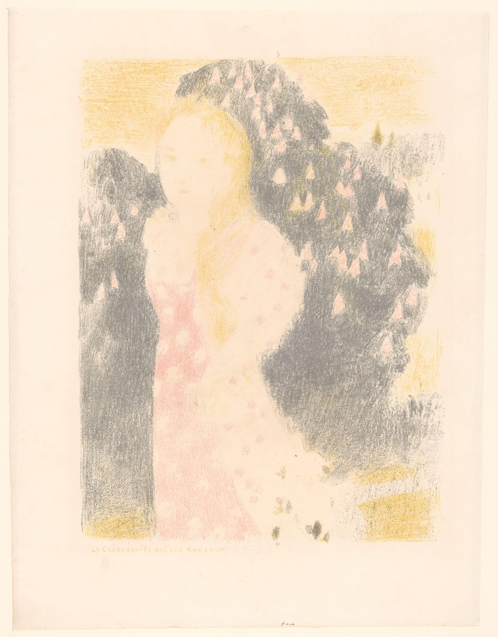 Jente foran en blomstrende busk Les crépuscules ont une douceur (tittel på objekt) Representasjoner av kjærlighet (serietittel) Amour (serietittel) av Maurice Denis
