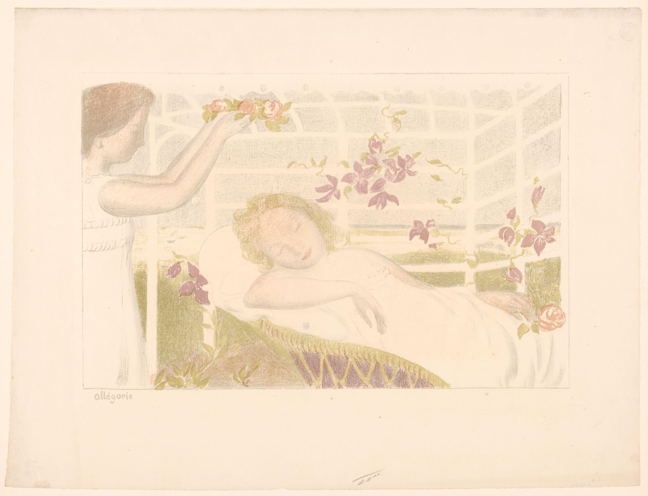 Sovende jente får blomsterkrans Allegori (tittel på objekt) Representasjoner av kjærlighet (serietittel) Amour (serietittel) av Maurice Denis