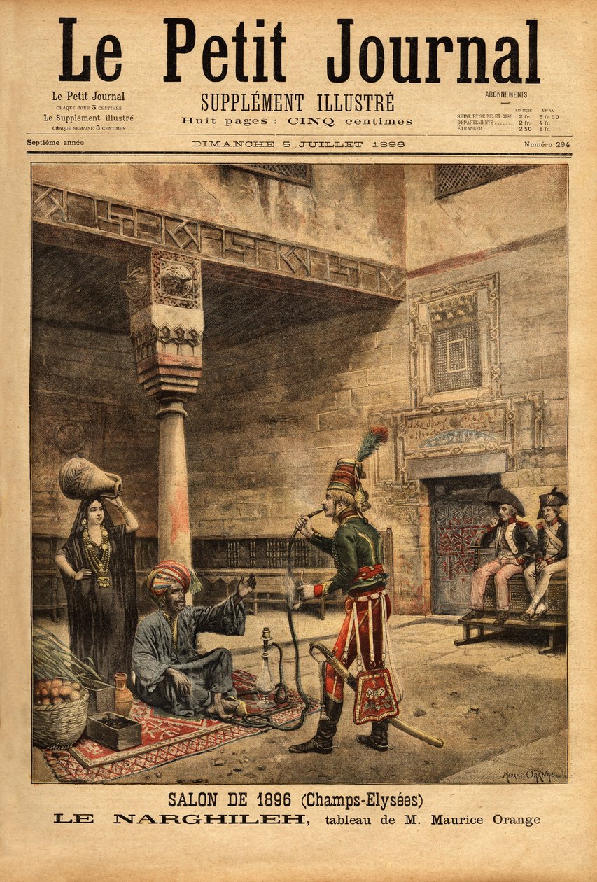 Under den franske kampanjen i Egypt avhører en soldat en urbefolkning om vannrøret hans, narghileh (eller narghileh), basert på et maleri av Maurice Orange, presentert på 1896-salongen. Gravering i "" Le petit journal"" 5/07/1896. Selvas c av Maurice Henri (after) Orange