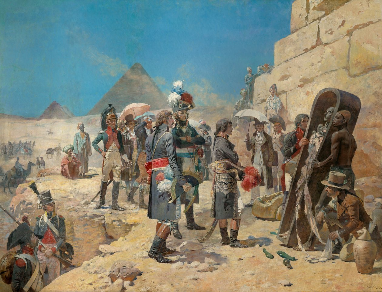 Napoleon Bonaparte foran pyramidene ser på mumien til en konge på landsbygda i Egypt av Maurice Henri Orange