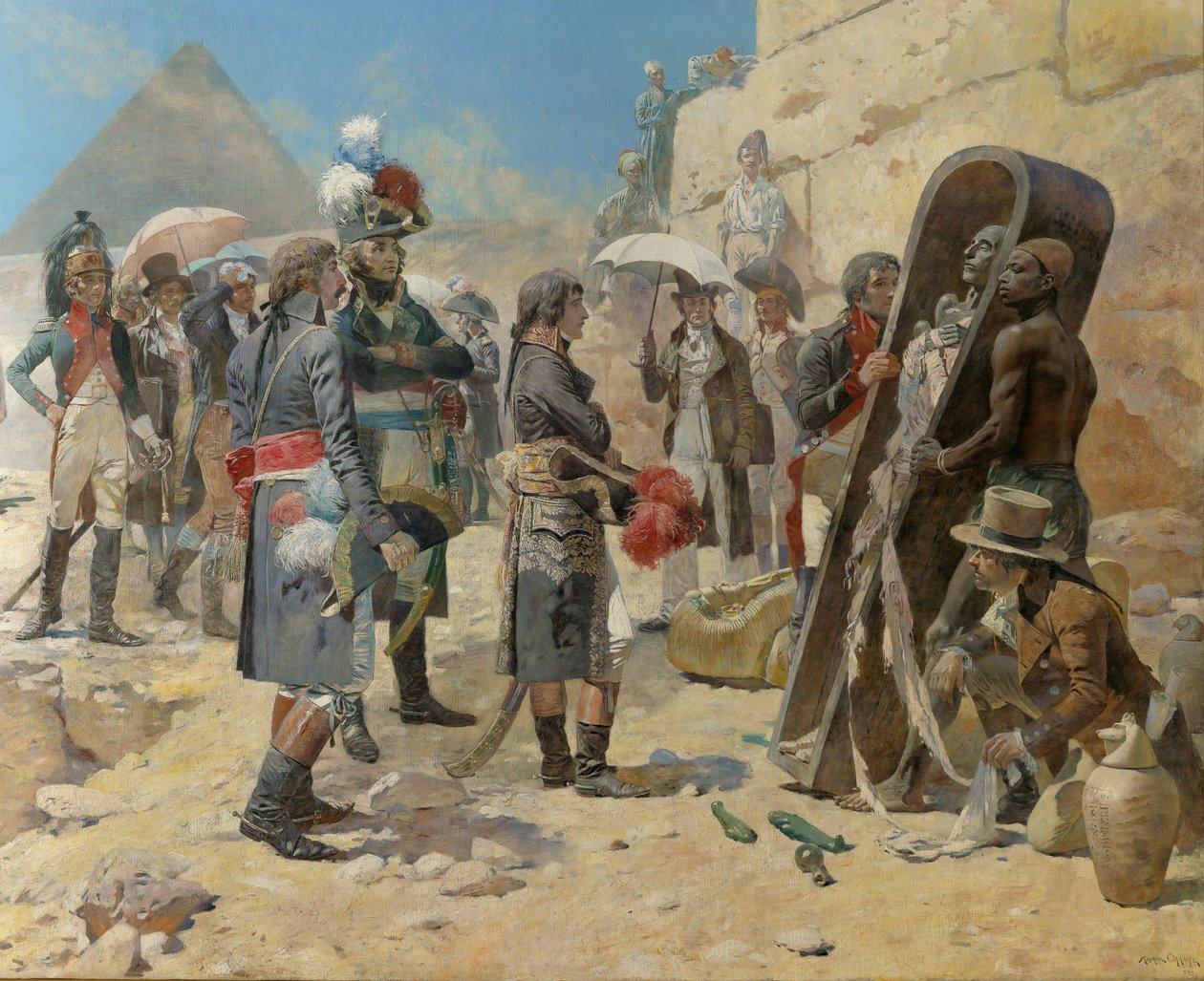Napoleon Bonaparte foran pyramidene ser på mumien til en konge på landsbygda i Egypt av Maurice Henri Orange